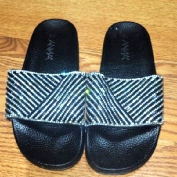 ANINA Black Slides w/ Rhinestones - Picture 1 of 2